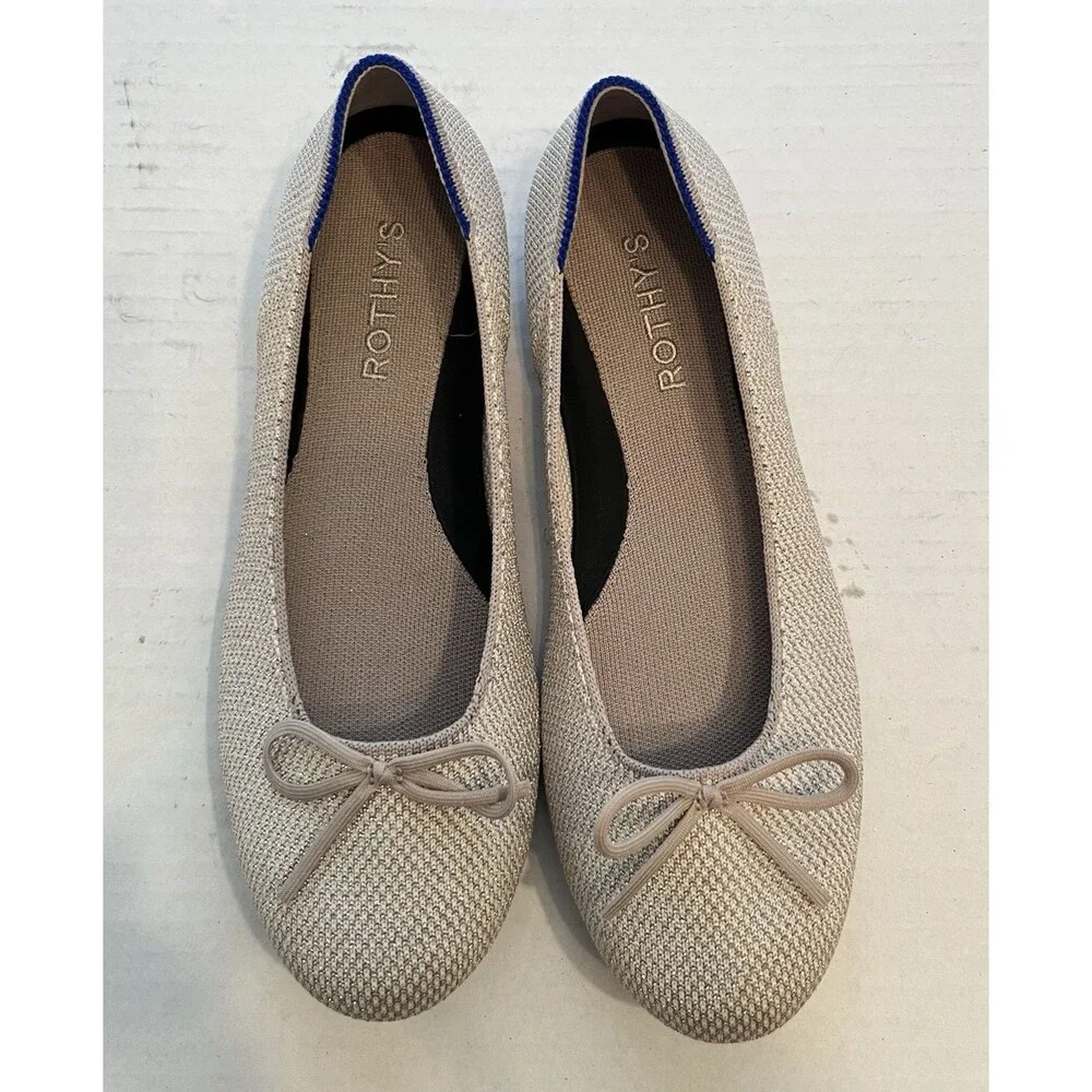 Rothys Ballet Flats Sz 8 Diamond Metallic Silver Champagne Bow
